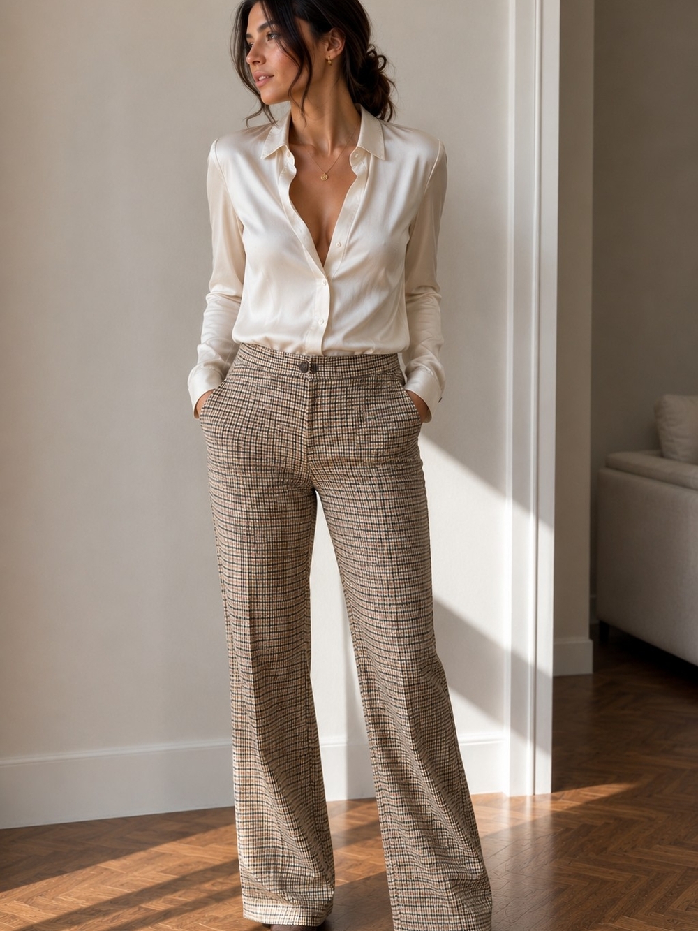 Massimo Dutti Trousers High-Waisted Houndstooth Wide-Leg